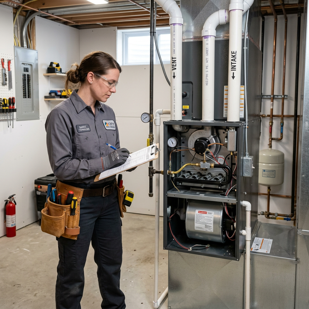 A certified HVAC technician inspecting a residential furnace